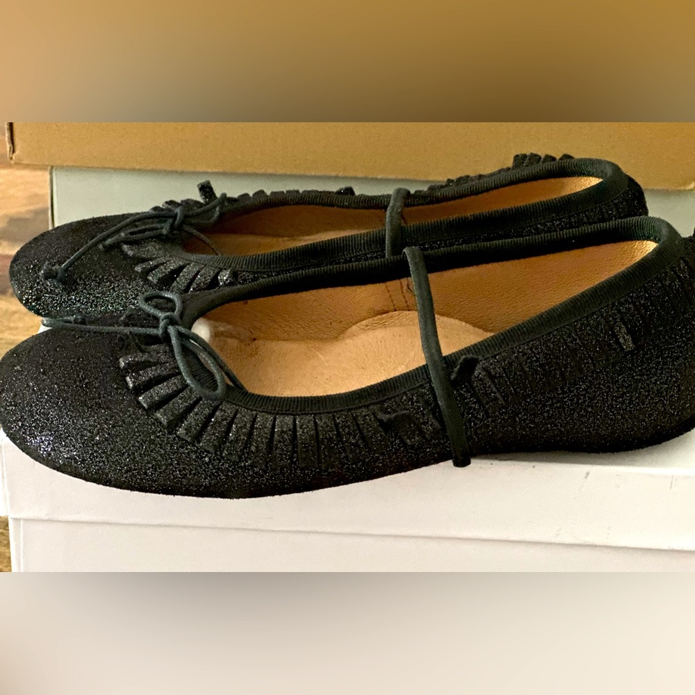 Pepe black glitter ballet flats with a fringe trim